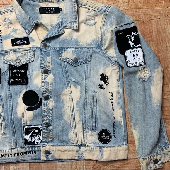 Civil Regime Denim Jacket Patches Thrashed Size 30 Faded Blue Jean Grunge Punk - Picture 11 of 11